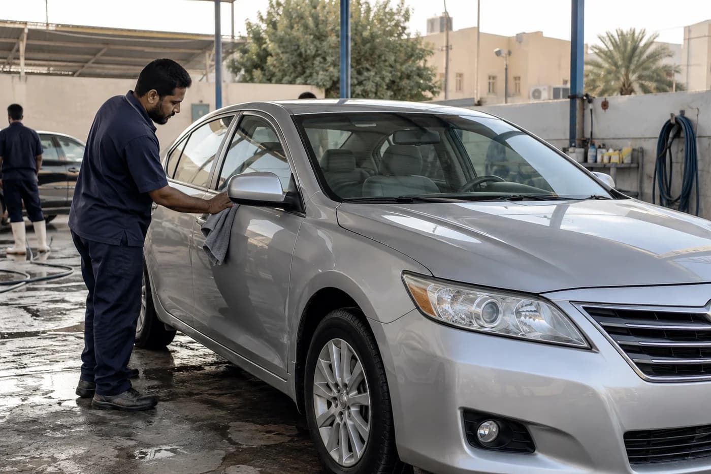 موظف يجفّف سيارة في مغسلة سيارات محلية